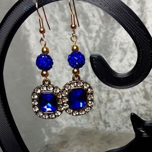 Handmade Elegant Earrings Royal Blue with Crystals Around Stone Blue Goldtone